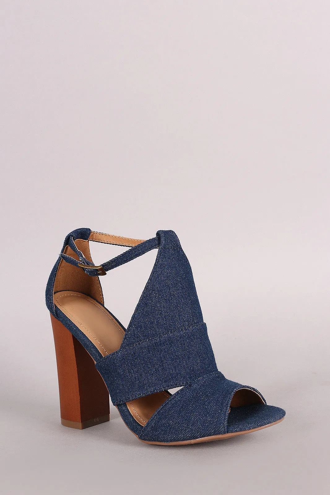 Bamboo Denim Slit Mule Peep Toe Wooden Heel