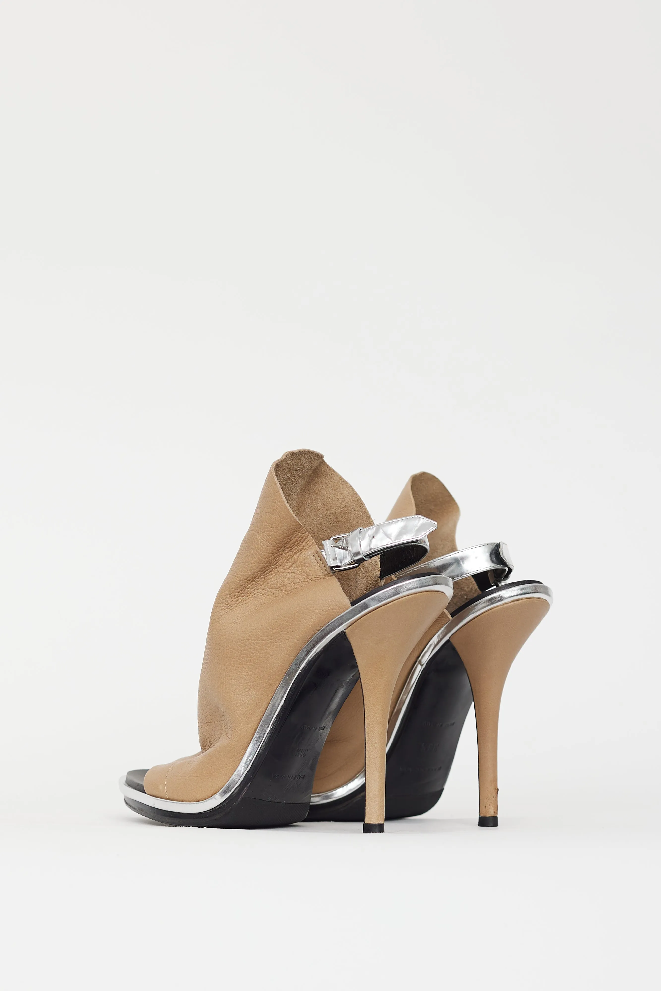 Beige & Silver Leather Glove Peep Toe Heel