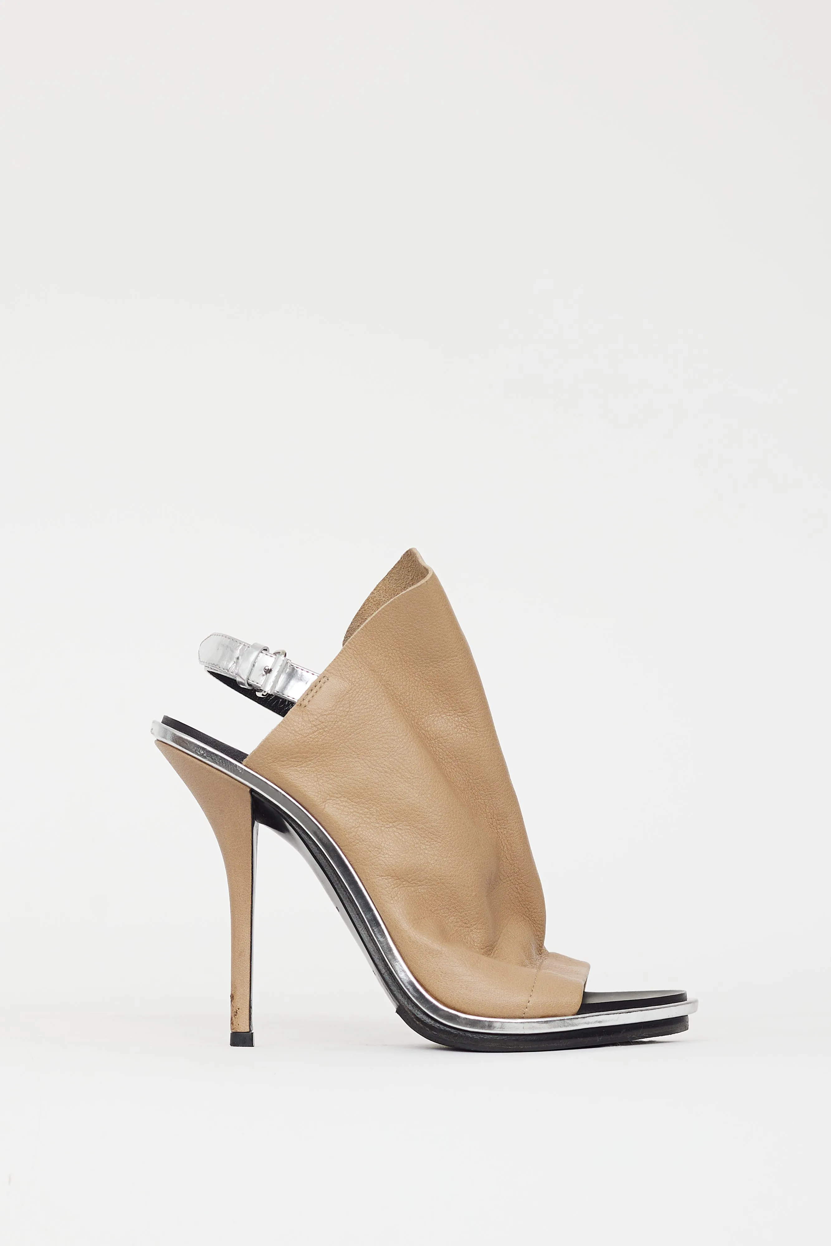 Beige & Silver Leather Glove Peep Toe Heel