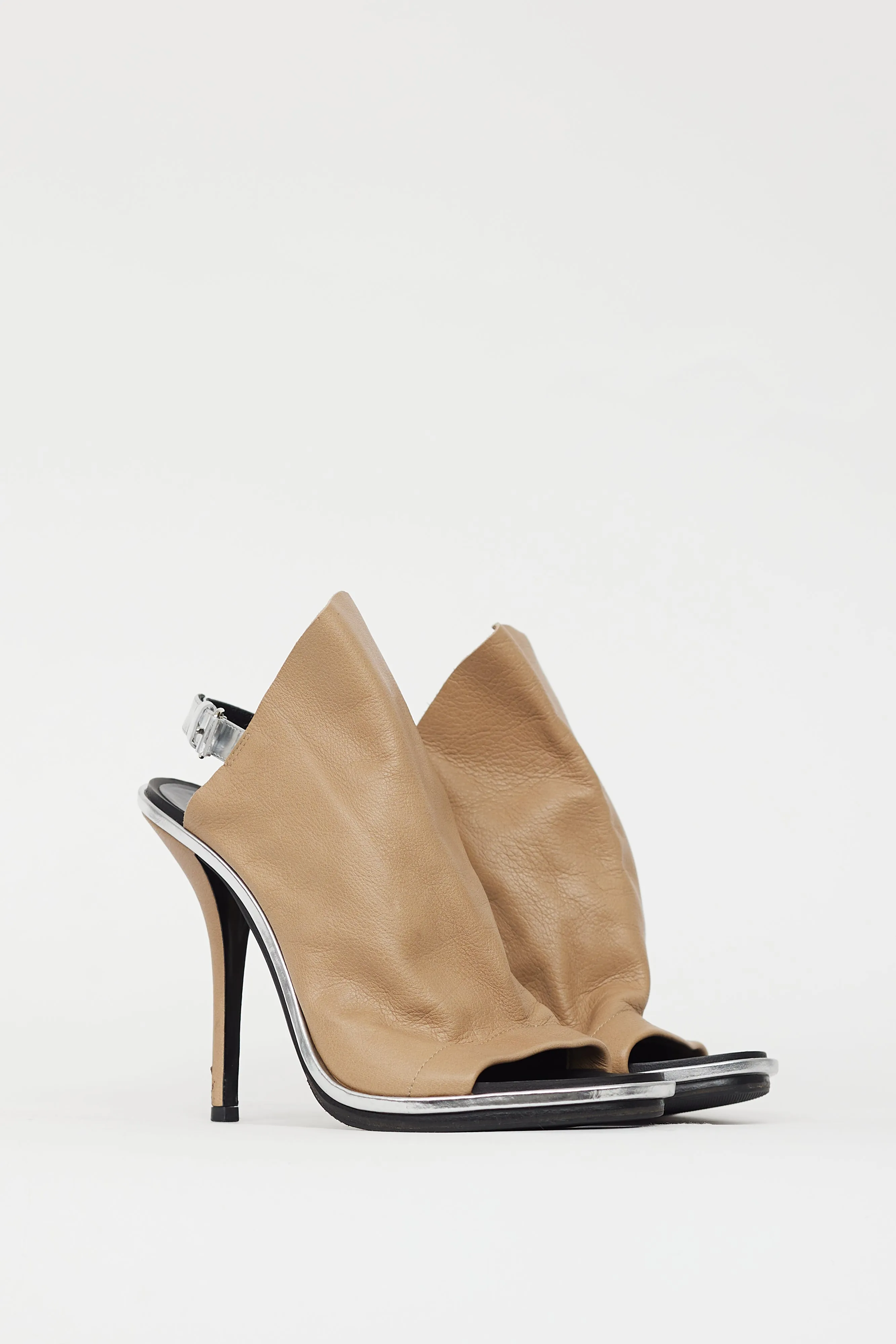 Beige & Silver Leather Glove Peep Toe Heel