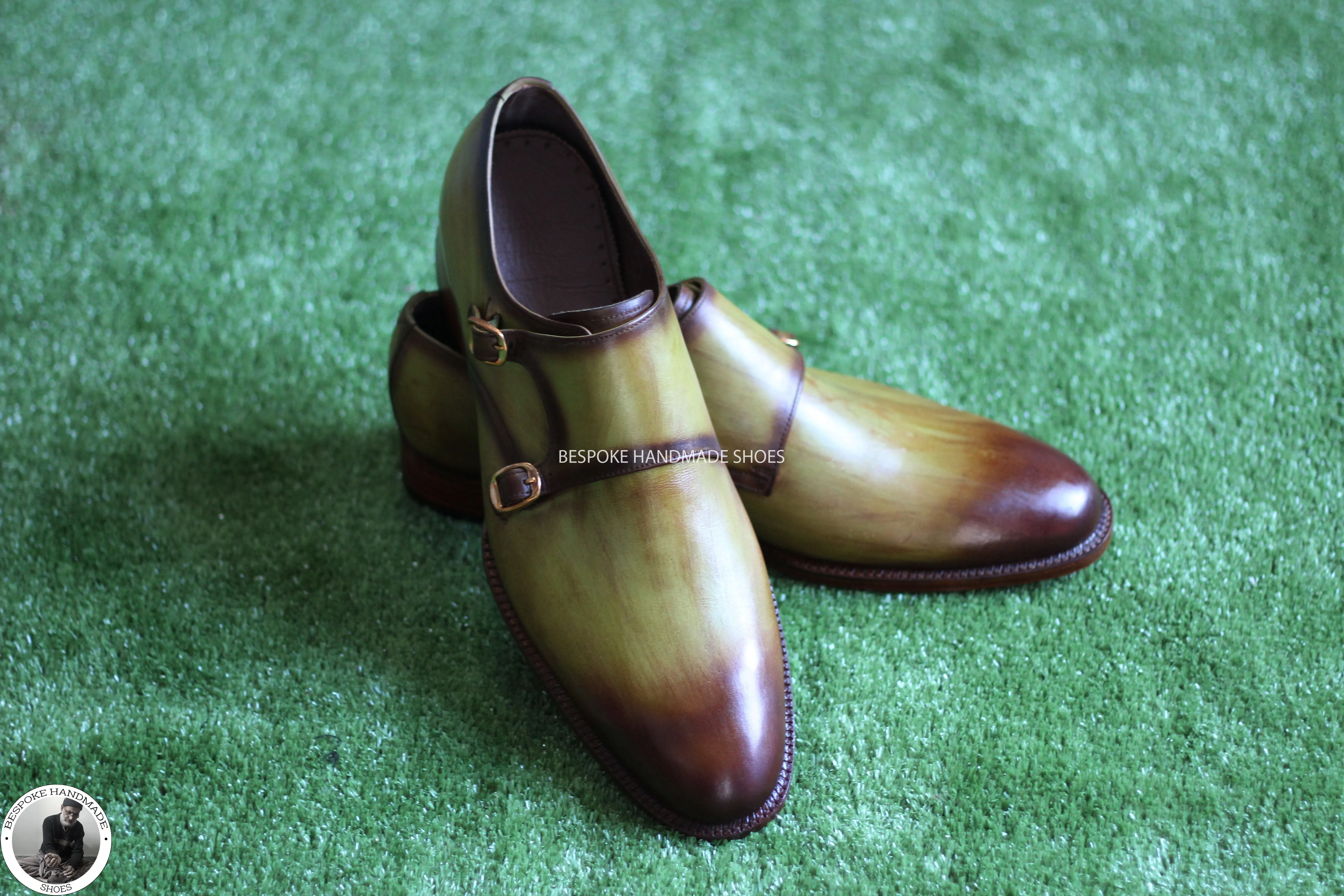 Bespoke Handmade Stylish Two Tone , Leather Toe Shaded Double Monk Strap Dress Shoes for Men'