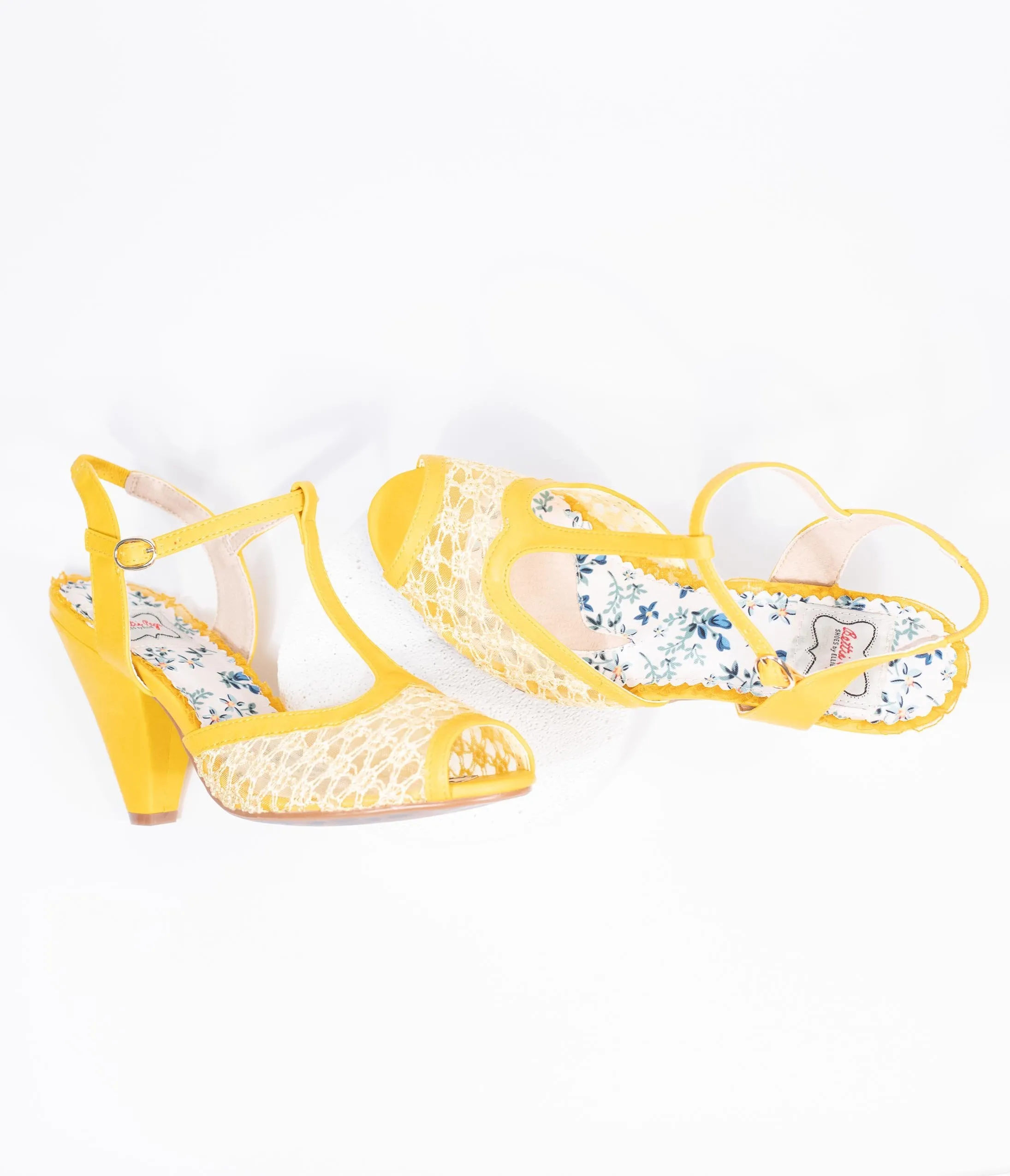 Bettie Page Yellow Lace Brooklyn T-Strap Heels