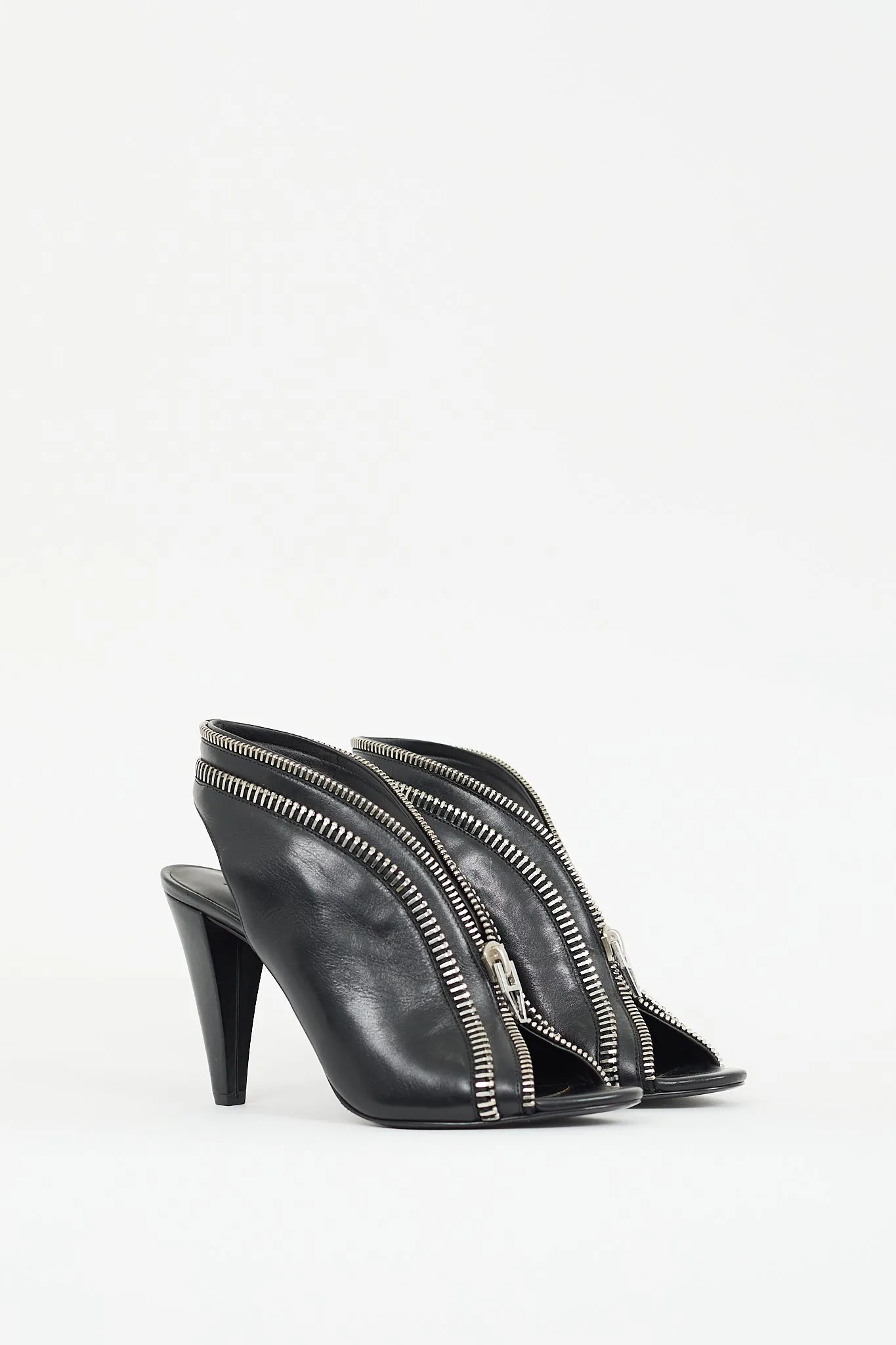 Black & Silver Leather Zippered Heels