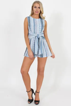 Blue Floral Pattern Tie Waist Playsuit - Molly