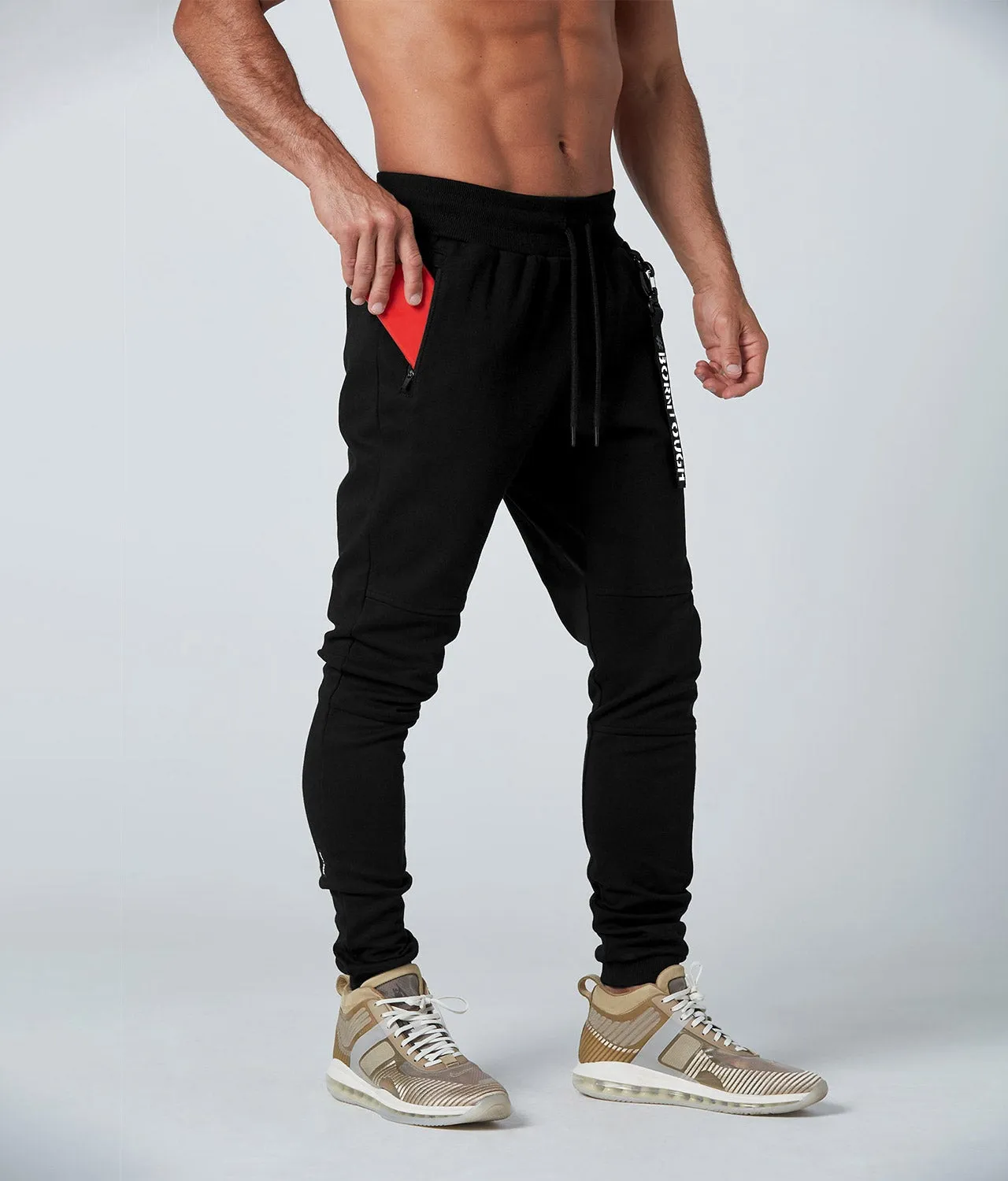 Born Tough Core Fit Zippered Black Crossfit Jogger Pants for Men