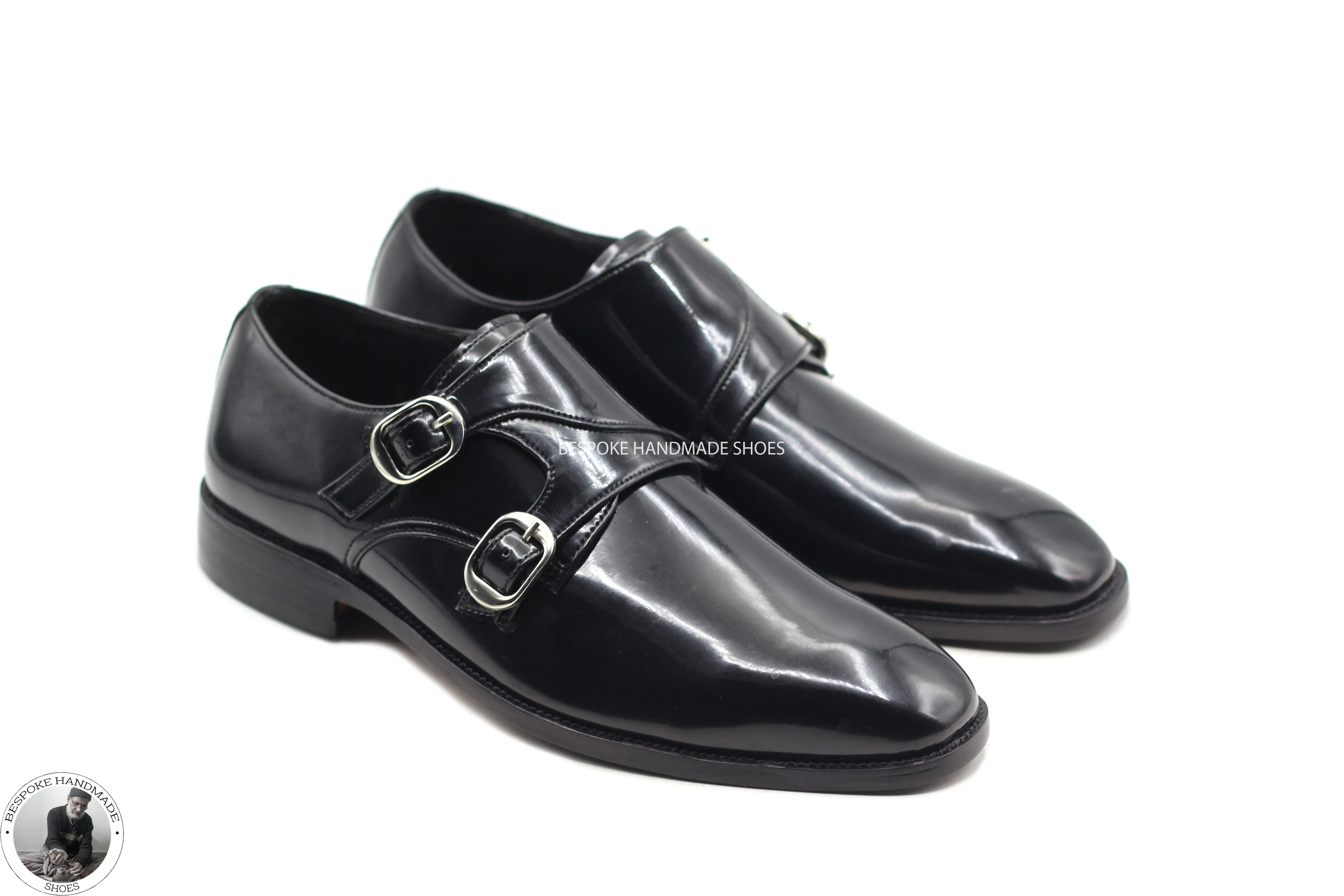 Custom Made Goodyear Welted Black Patent Double Monk Strap Whole Cut Dress / Formal  Shoes For Men's