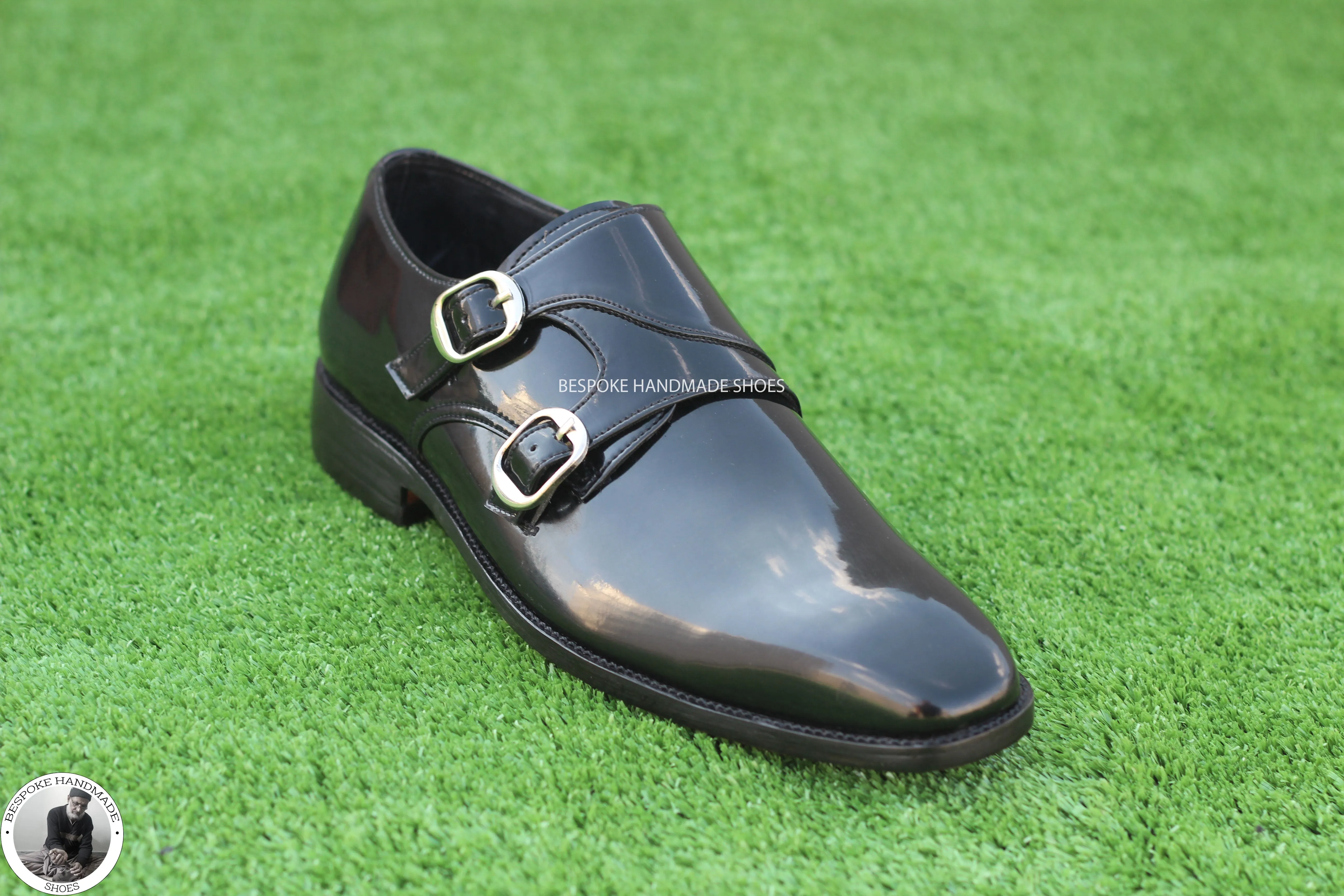 Custom Made Goodyear Welted Black Patent Double Monk Strap Whole Cut Dress / Formal  Shoes For Men's