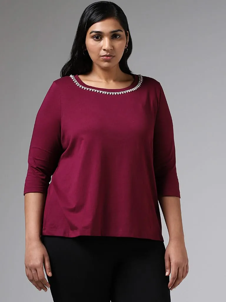 Gia Plum Embellished Neck T-Shirt