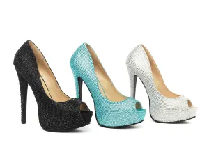 Glamour Satin Rhinestone Peep Toe Pump Platform