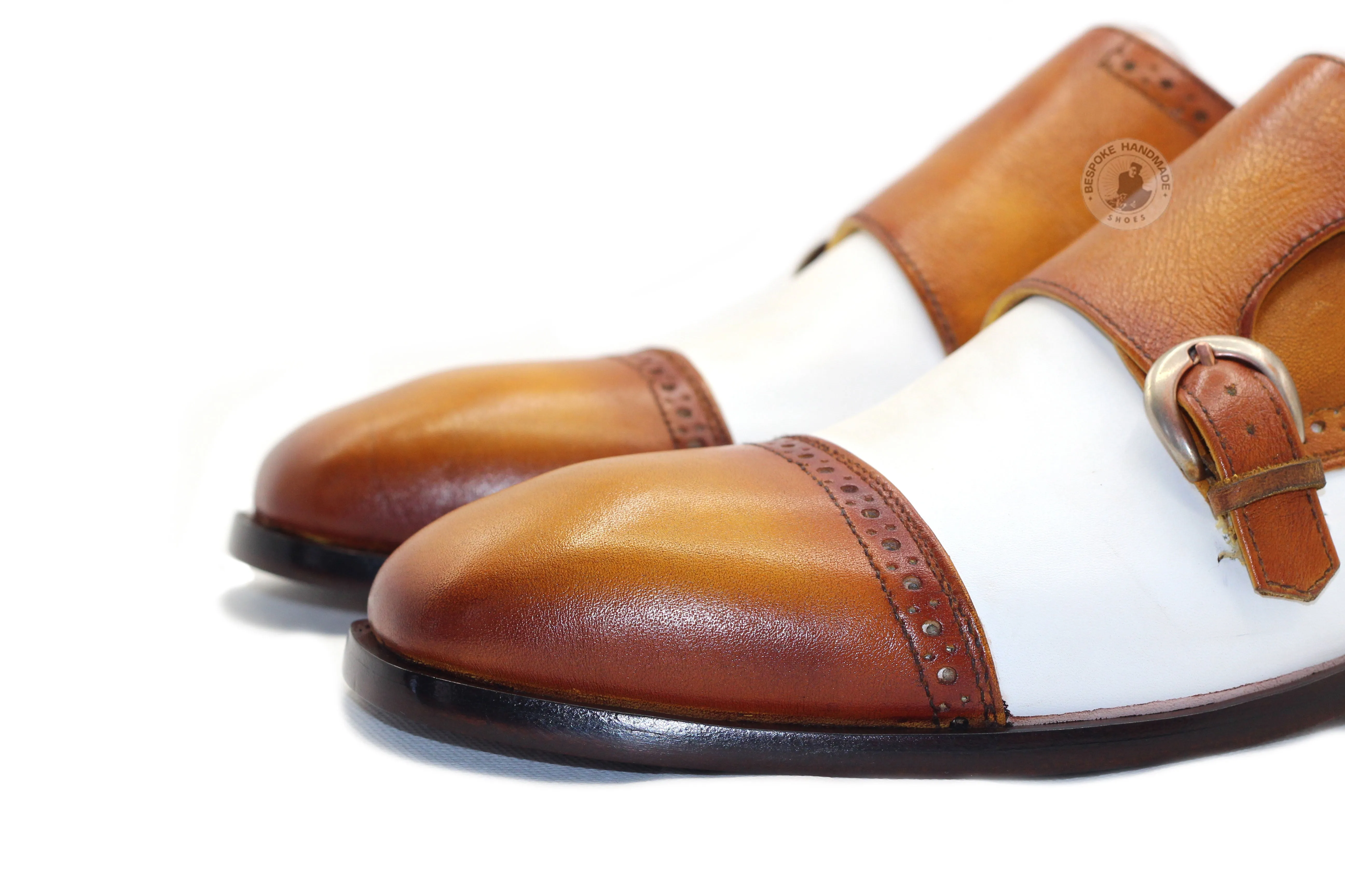 Goodyear Welted Double Monk Strap Tan and White Leather Loafers Toe Cap Shoes