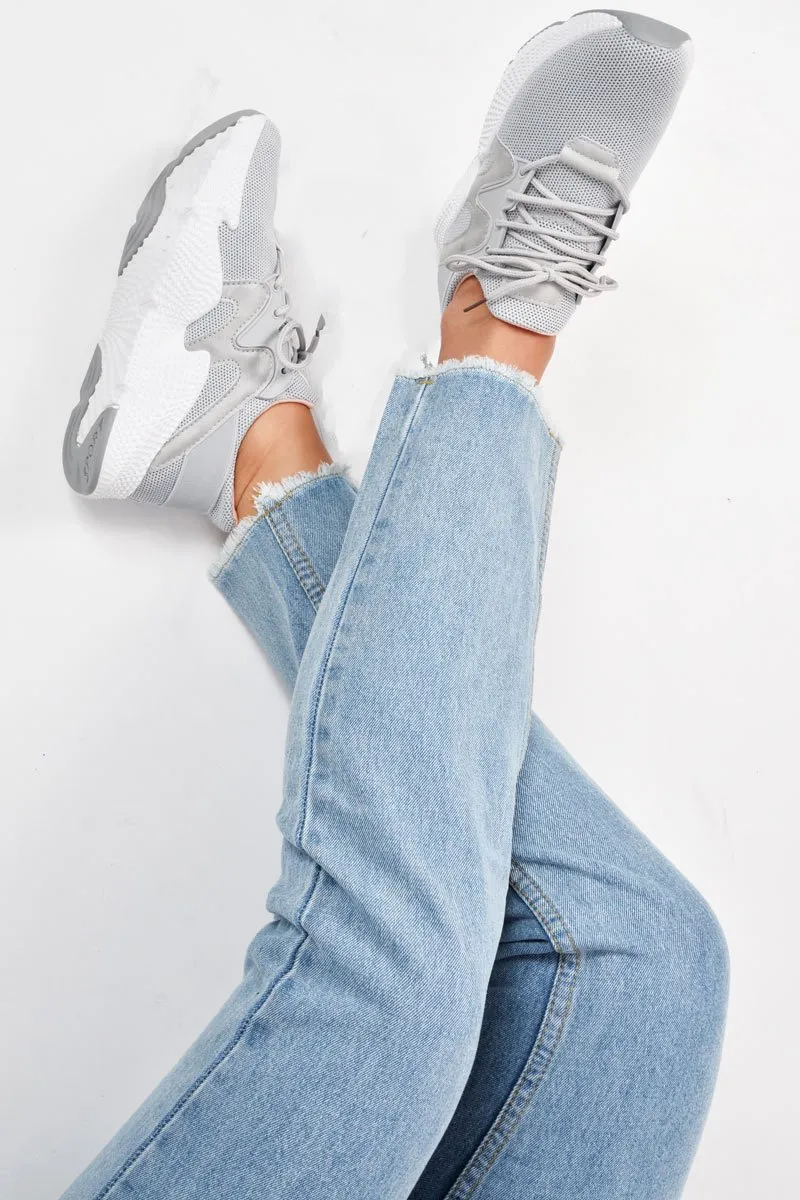 Grey Lace Up Glitter Mesh Trainers - Tasmina