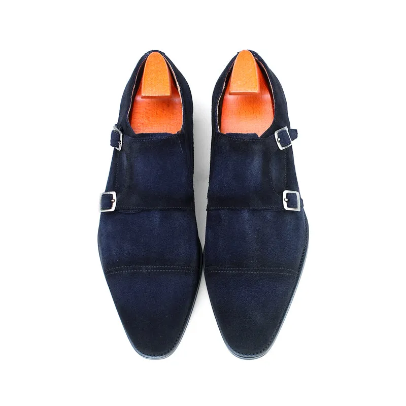 Handcrafted Navy Nubuck Double Monk Strap Shoes