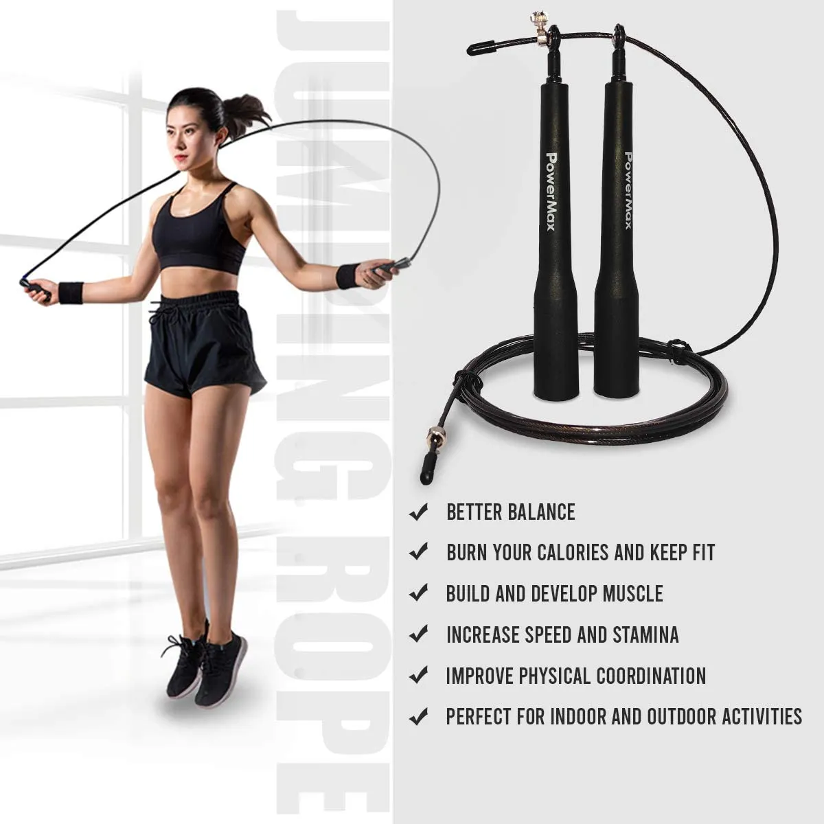 JP-5 Skipping Rope for Unisex Adults | Tangle free Jumping Rope with Adjustable Rope length for Training | Exercise | Weight Loss | Crossfit | Boxing and HIIT Workouts (Colour - Black)