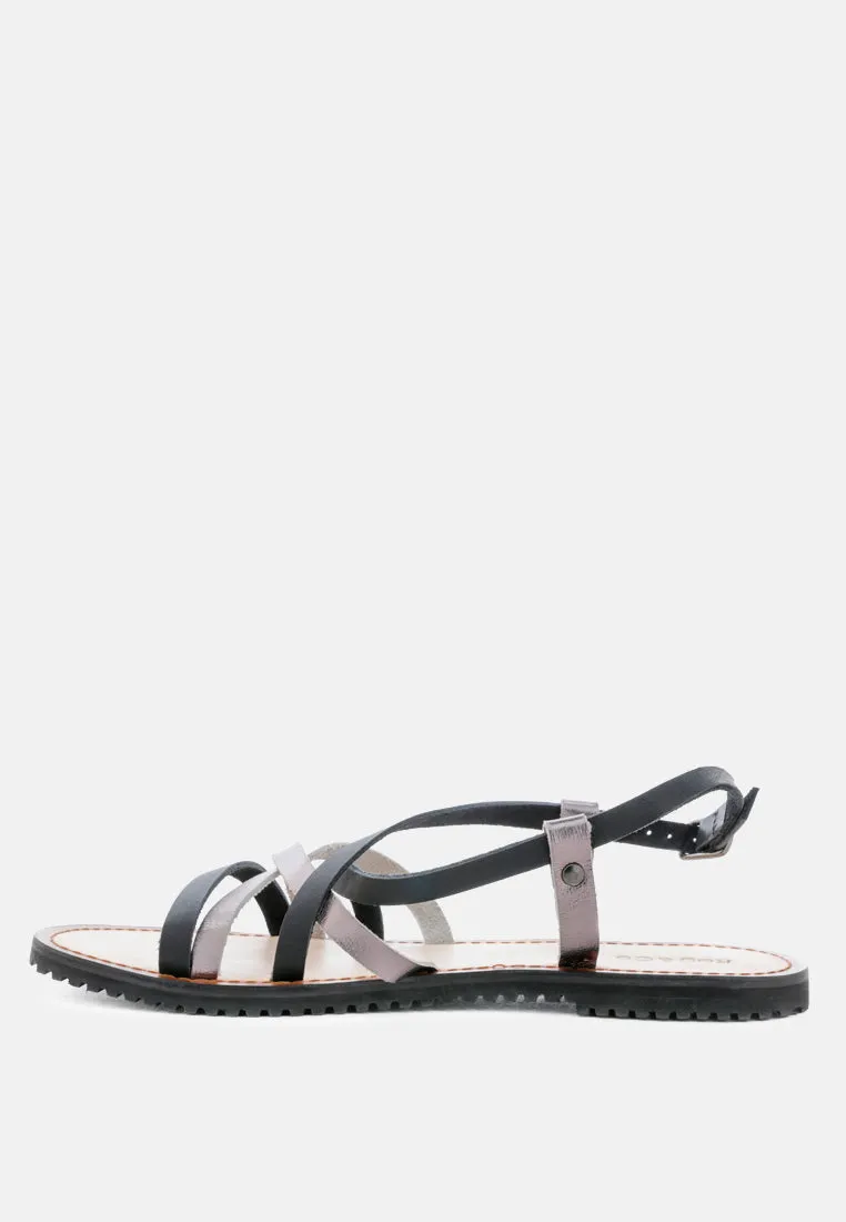 JUNE Black Strappy Flat Leather Sandals