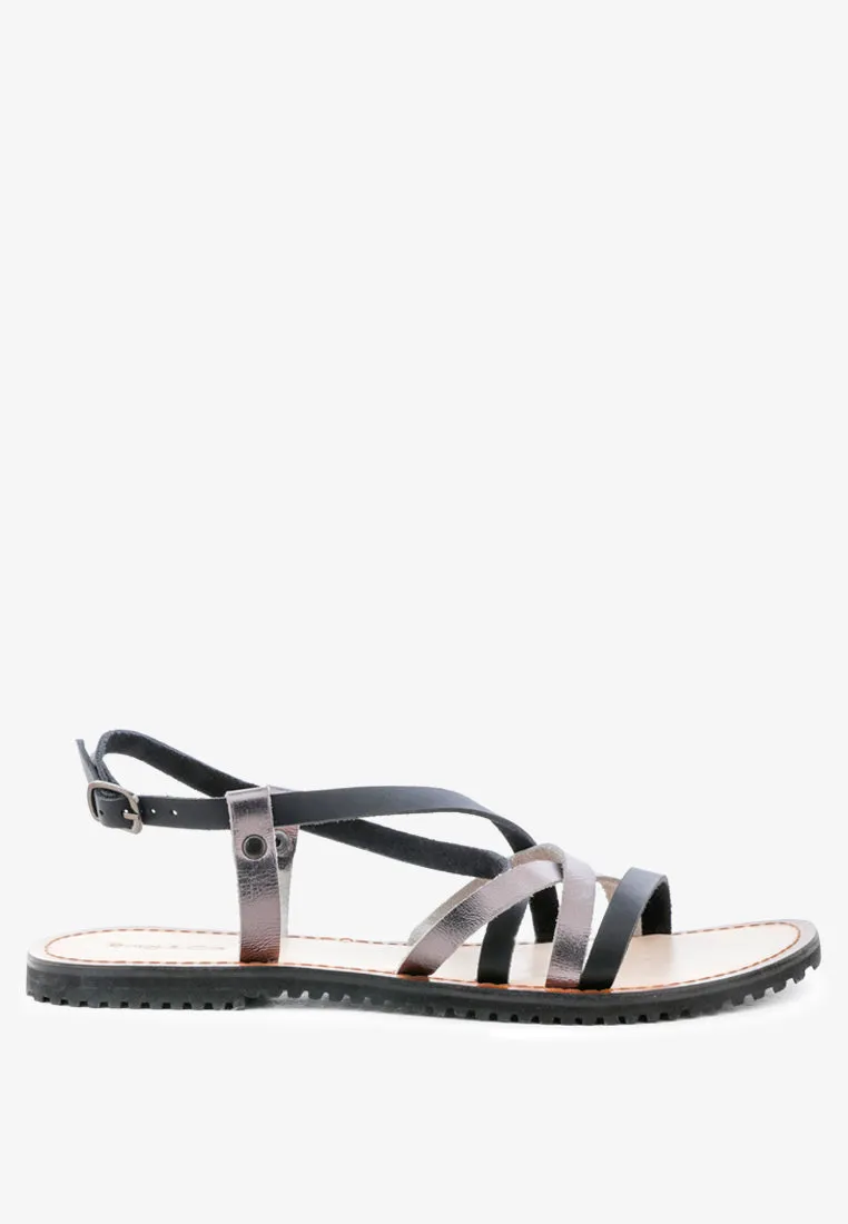 JUNE Black Strappy Flat Leather Sandals