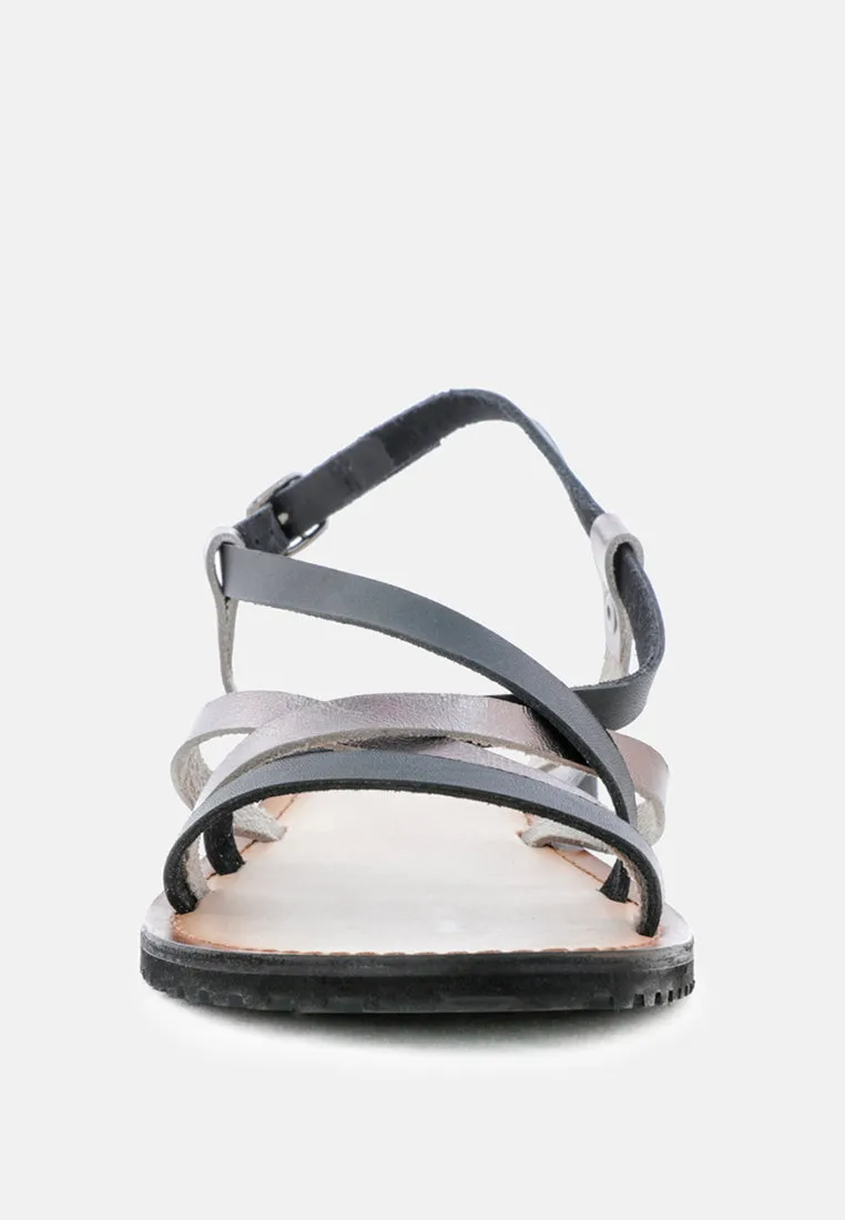 JUNE Black Strappy Flat Leather Sandals