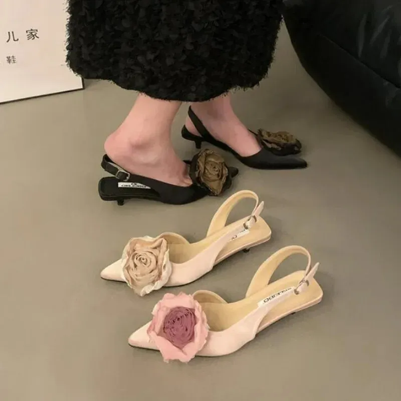 KIylethomasw New Flower Designer Sandals Women Elegant Satin Mule Shoes Summer Pointed Toe Pumps Low Heel Flowers Slingback Sandals Female