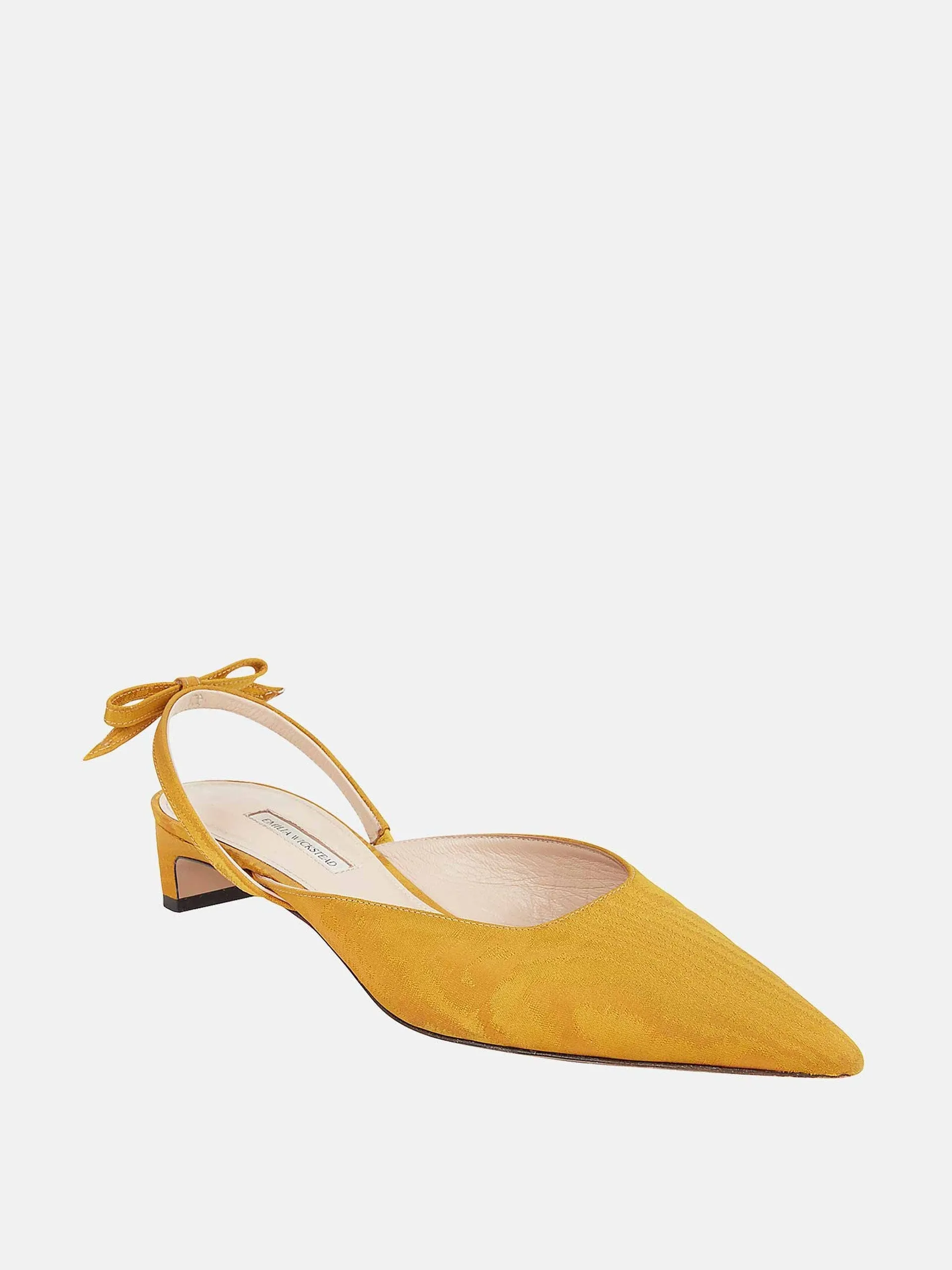 Konna bow-back kitten heels in ochre moire mikado