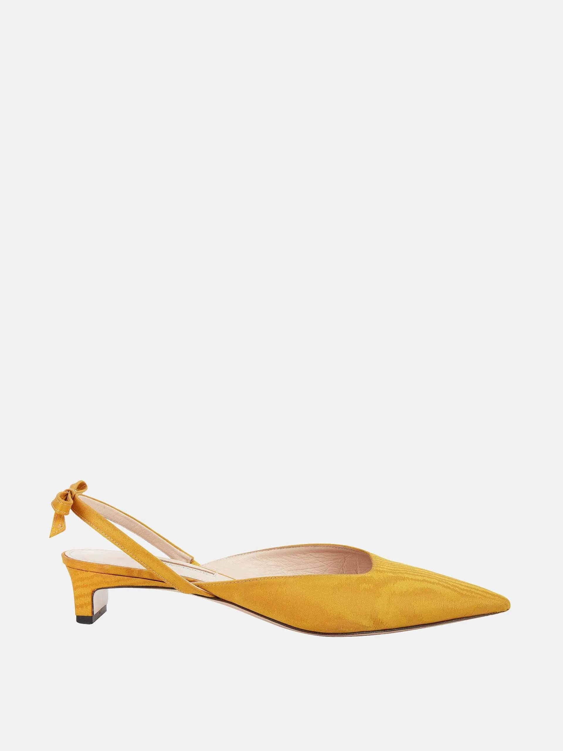 Konna bow-back kitten heels in ochre moire mikado