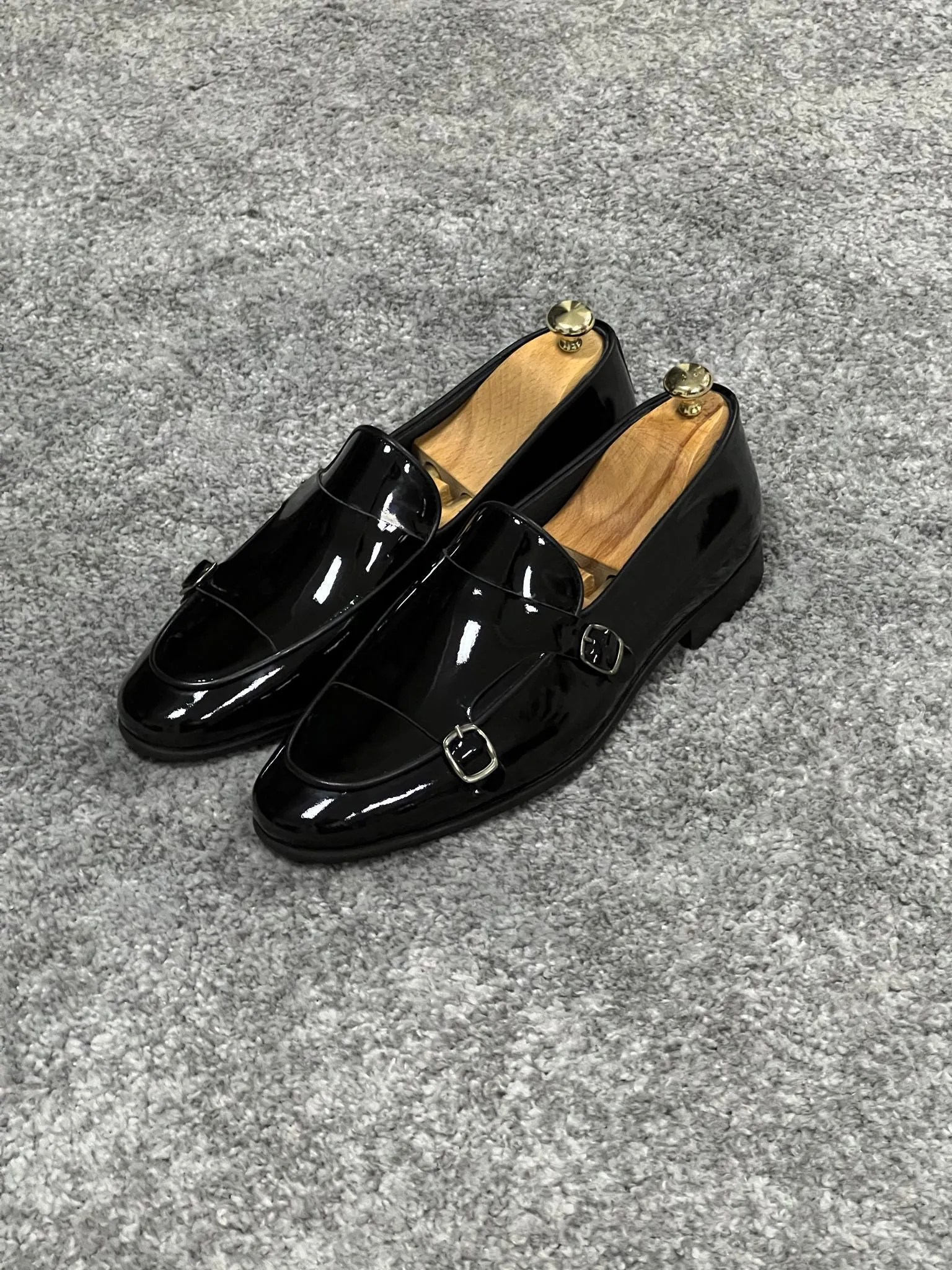 Louis Special Edition Neolite Sole Double Monk Shiney Leather Black Shoes