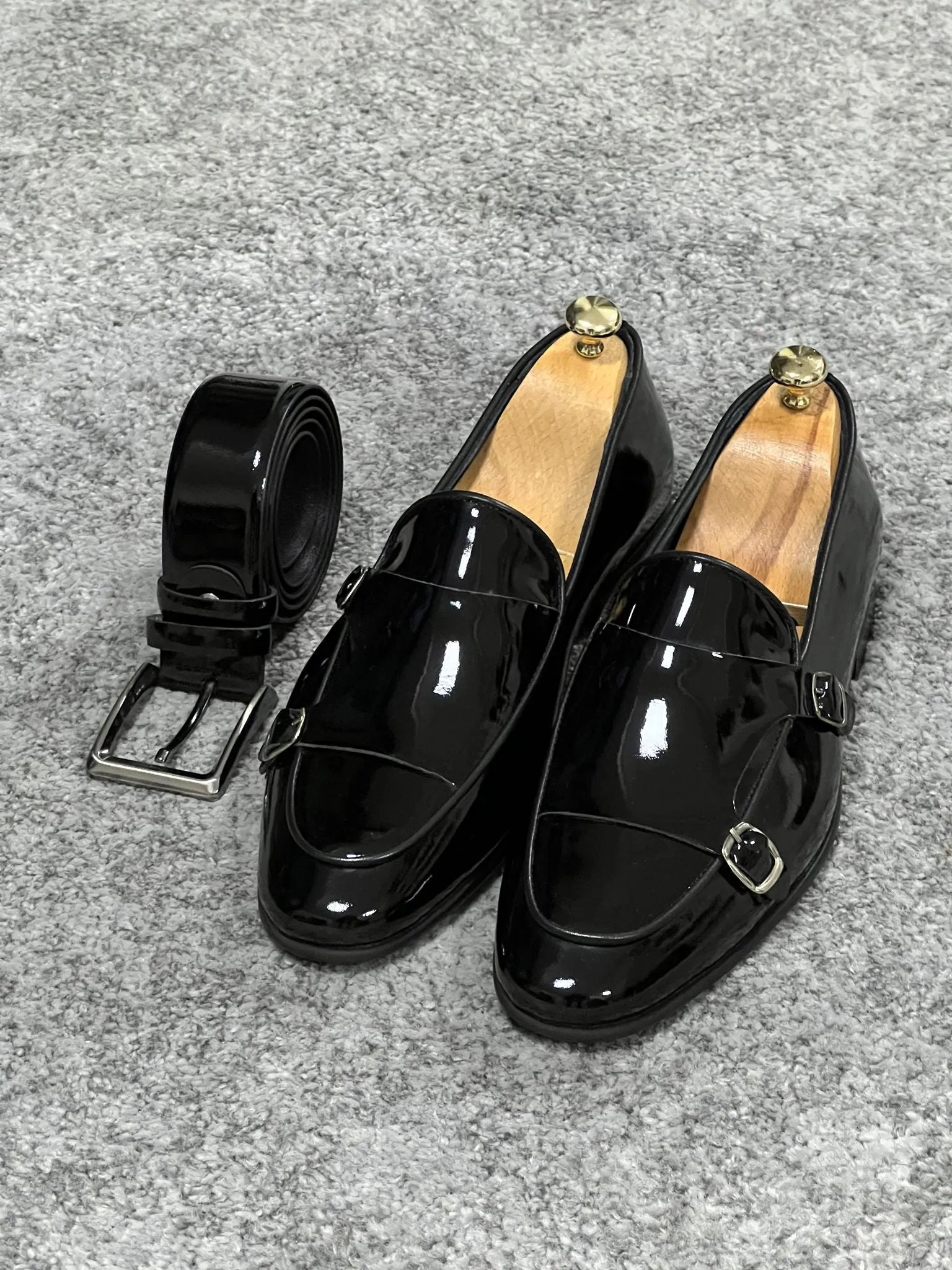 Louis Special Edition Neolite Sole Double Monk Shiney Leather Black Shoes