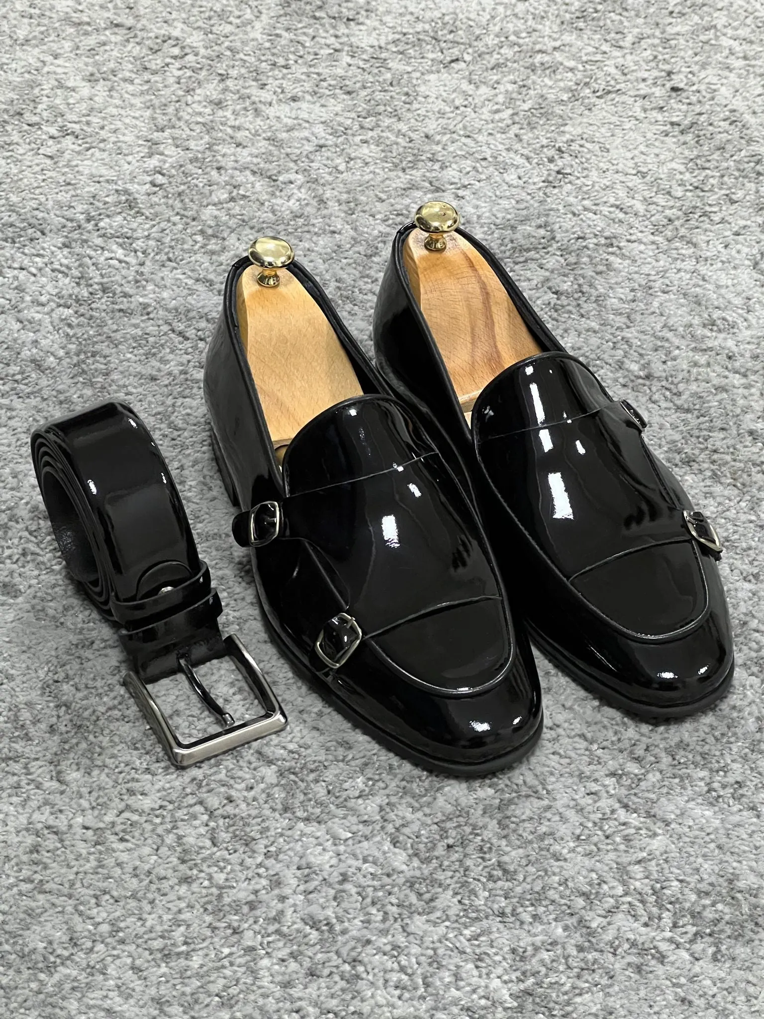 Louis Special Edition Neolite Sole Double Monk Shiney Leather Black Shoes