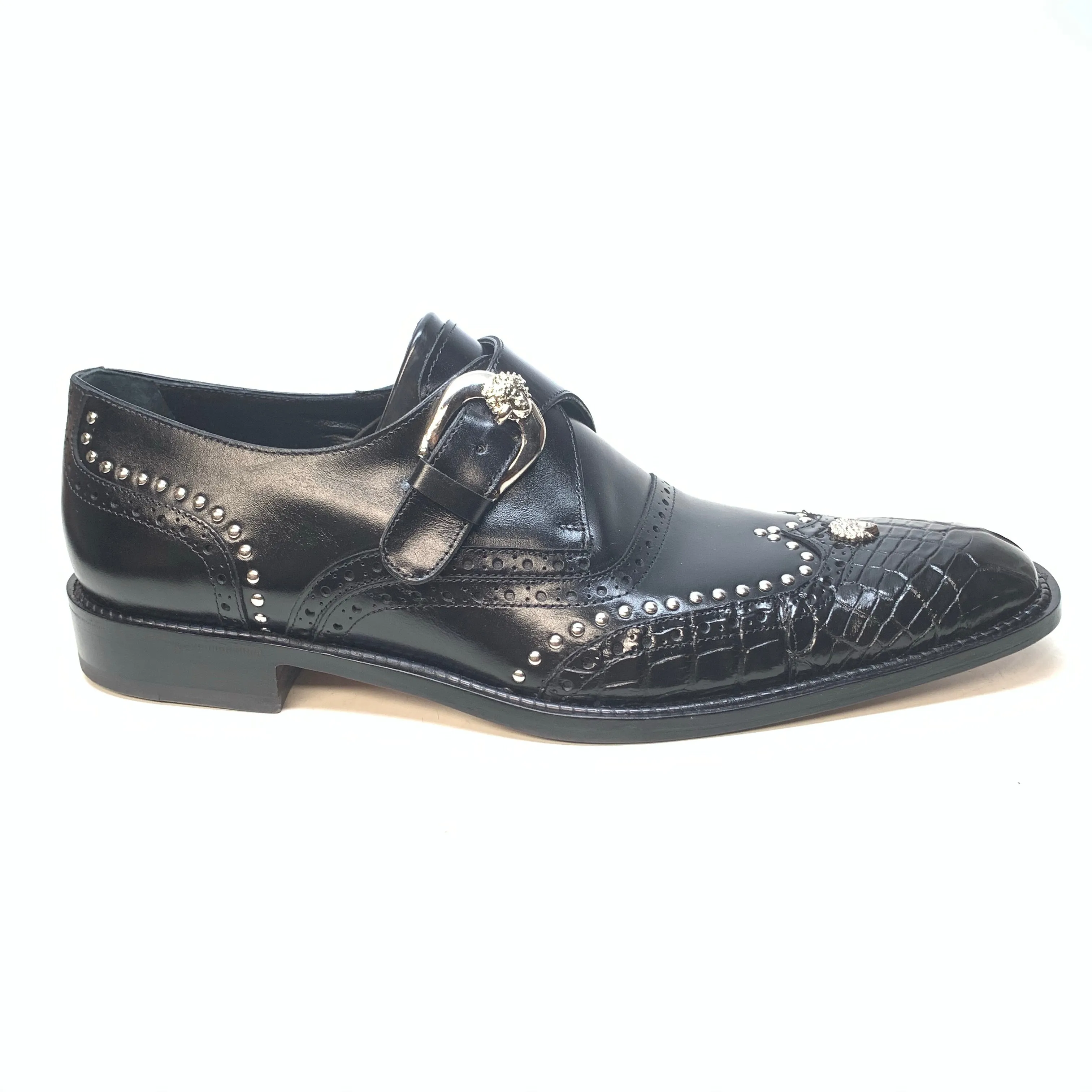 Mauri 3051 Black Alligator Studded Monk Strap Dress Shoes