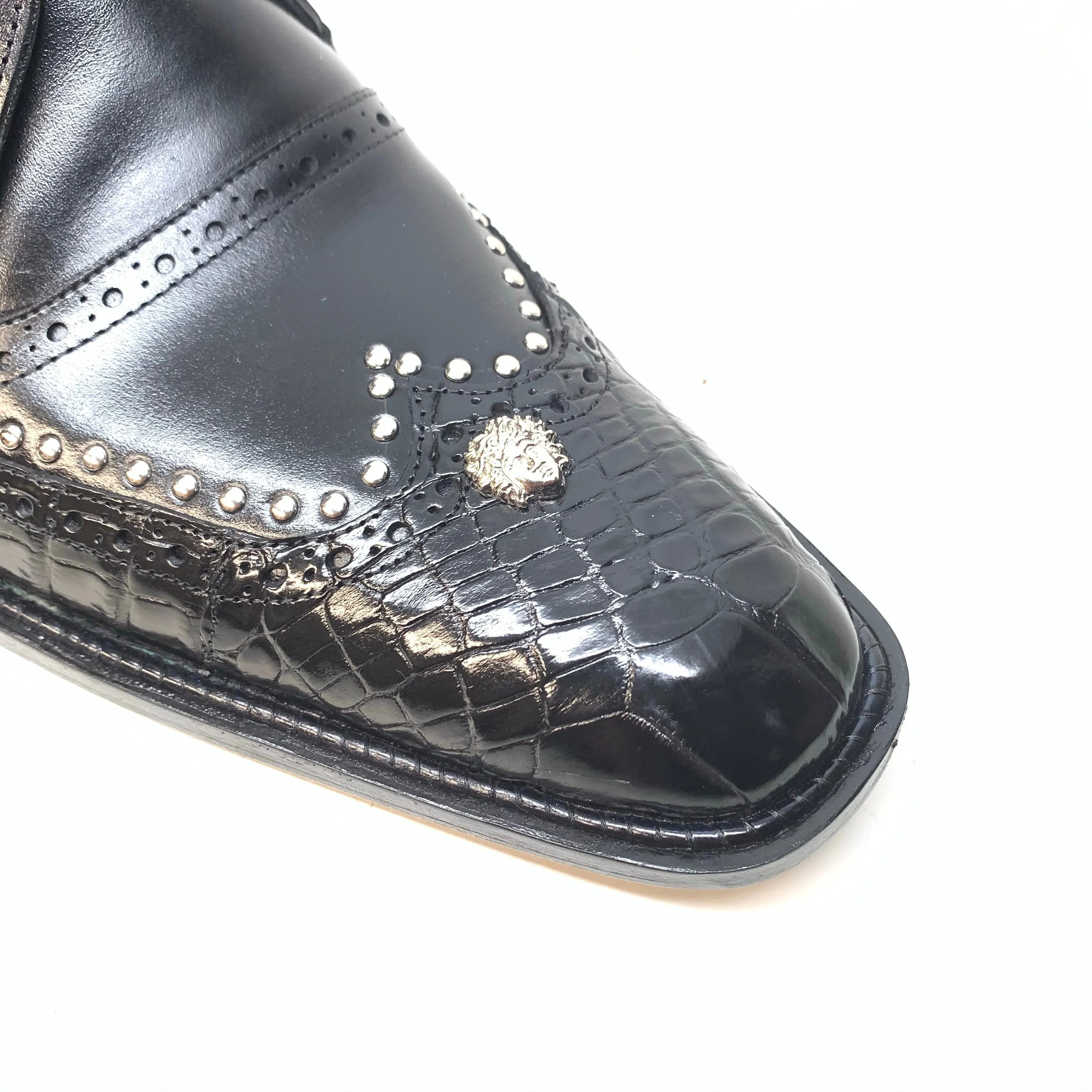 Mauri 3051 Black Alligator Studded Monk Strap Dress Shoes