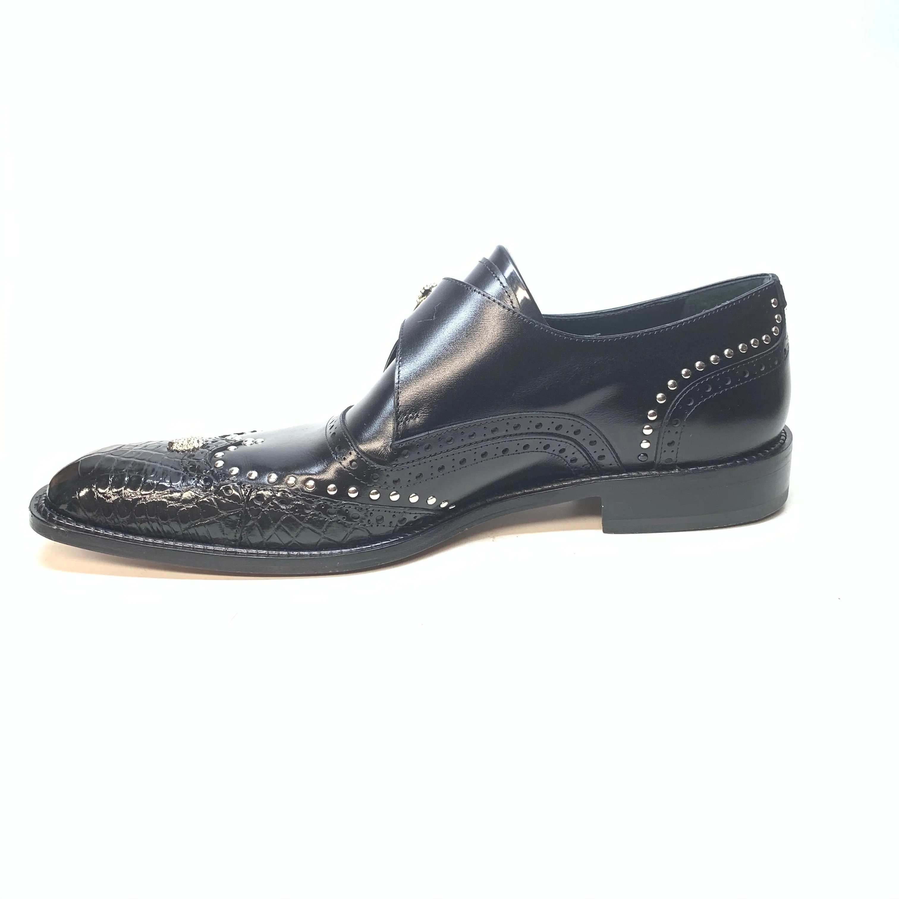 Mauri 3051 Black Alligator Studded Monk Strap Dress Shoes