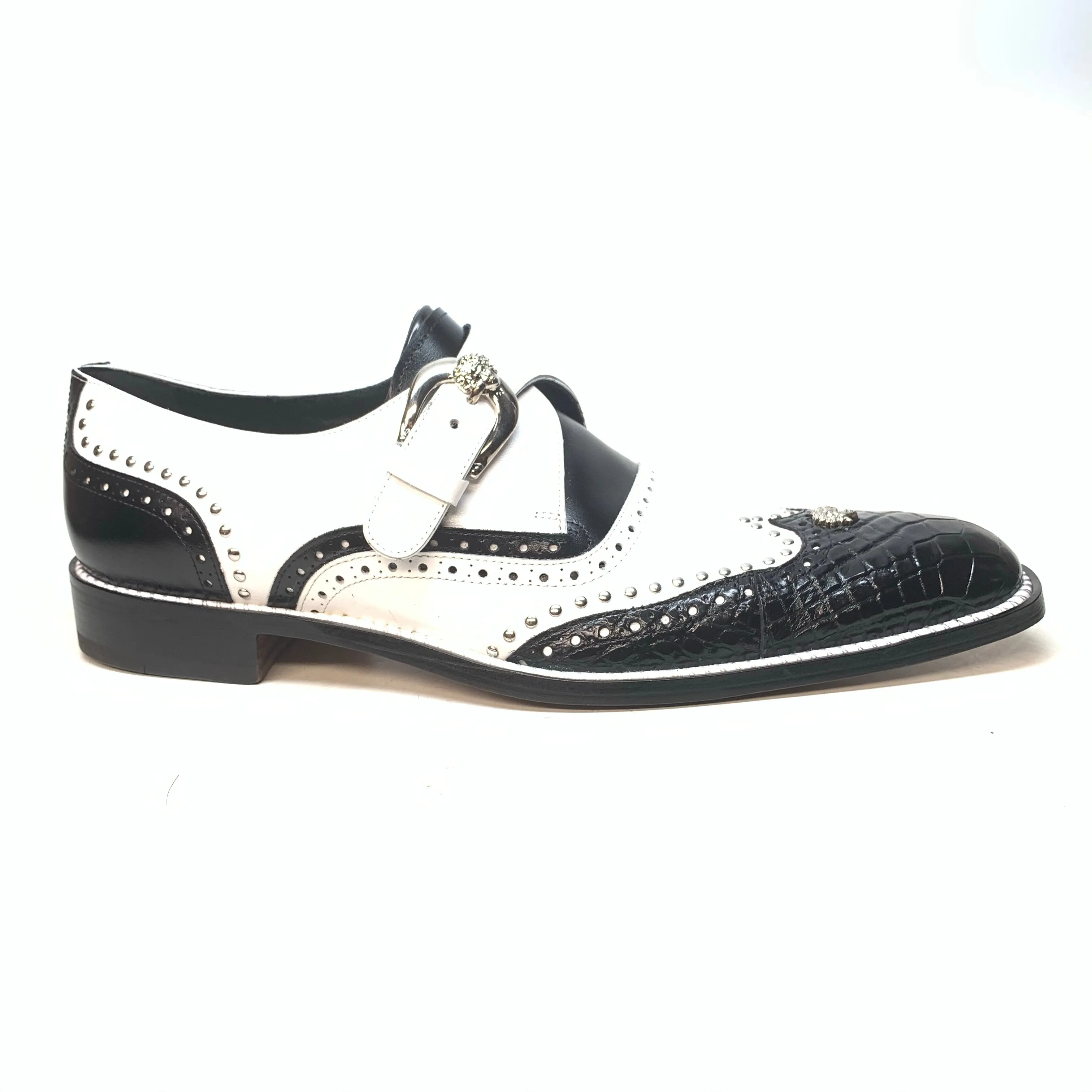 Mauri 3051 Black White Alligator Studded Monk Strap Dress Shoes