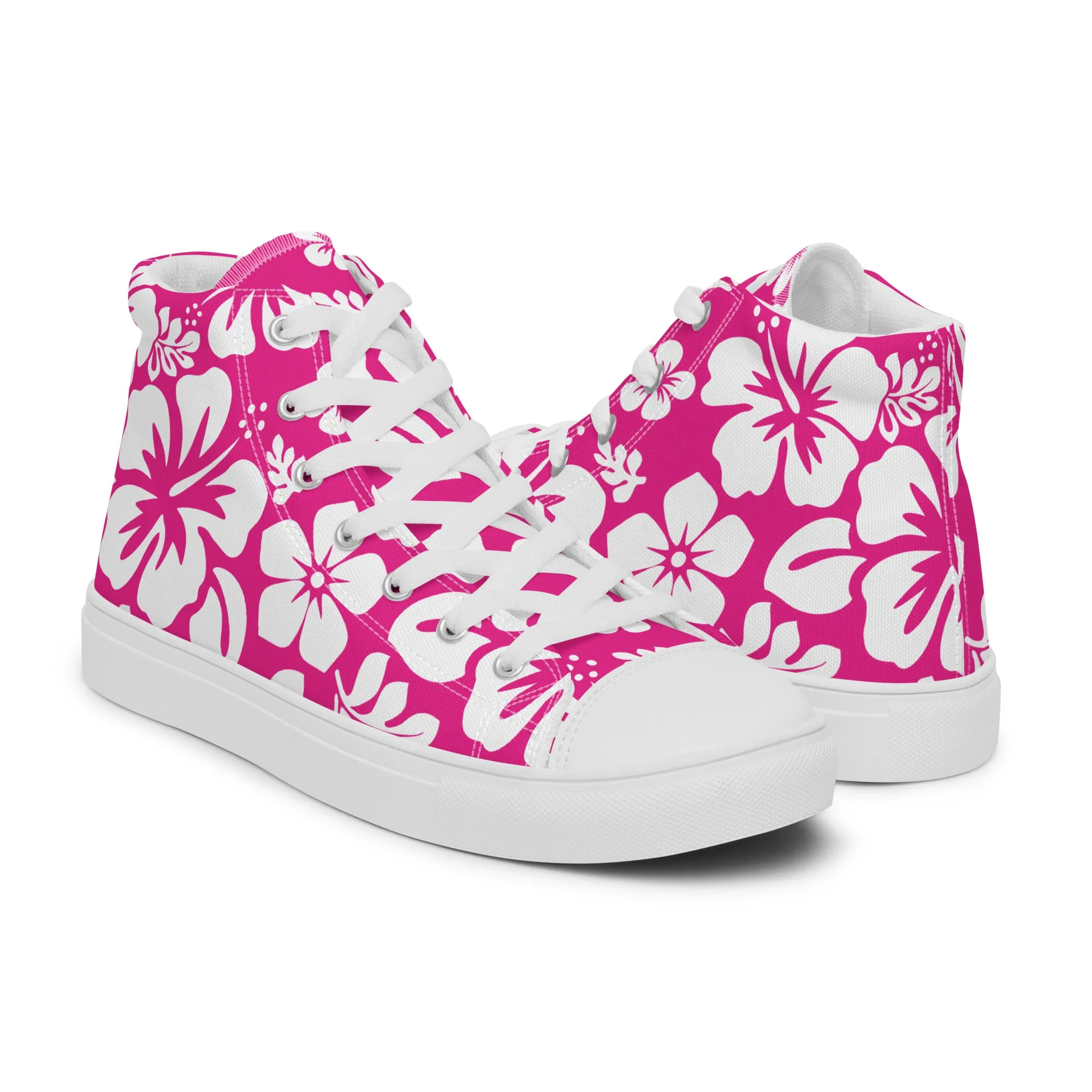 Men's Hot Pink and White Hawaiian Print High Top Shoes