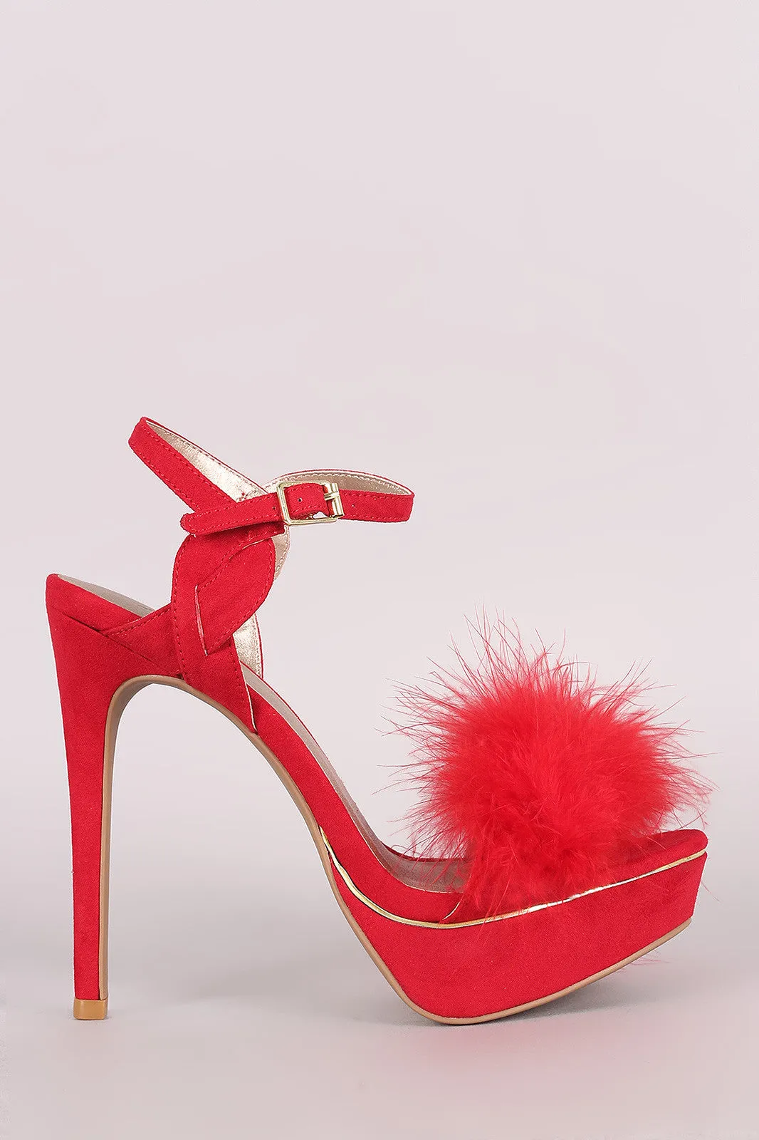 Qupid Faux Feather Band Ankle Strap Suede Stiletto Platform Heel