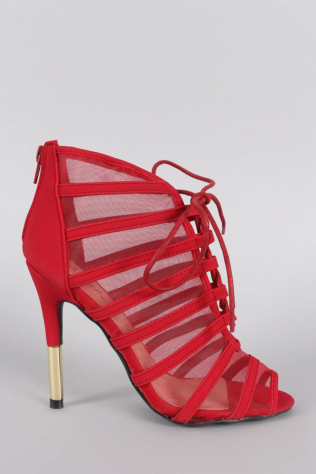 Qupid Mesh Lace Up Peep Toe Stiletto Heel