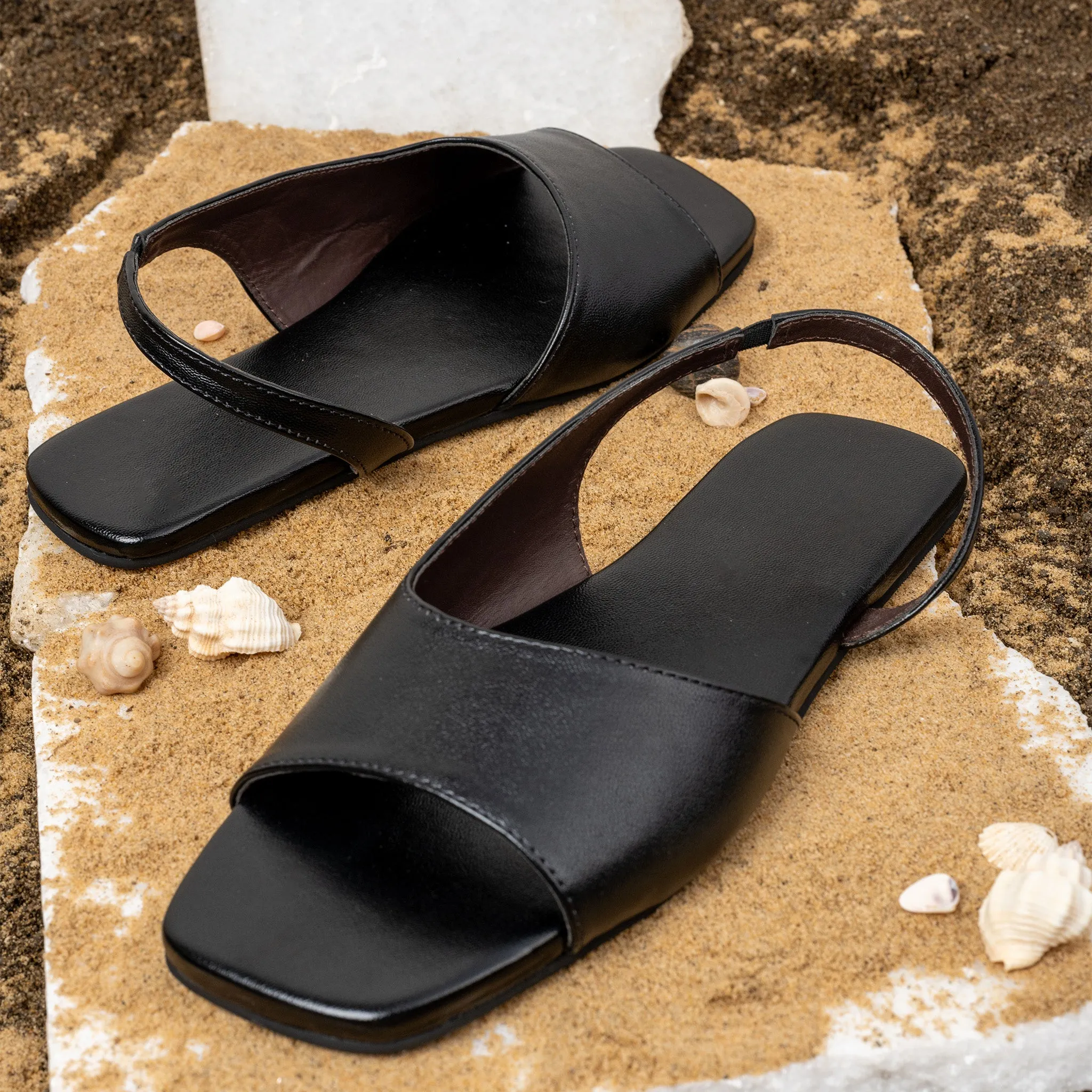 Seashell Slingback Vegan Leather Black Women Sandals Thrift Edit