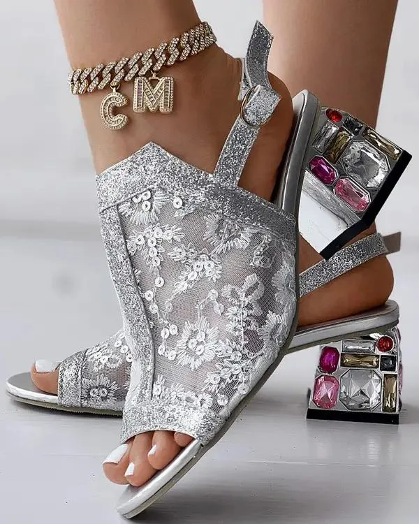 Sequin Gemstone Decor Slingback Chunky Heel Sandals