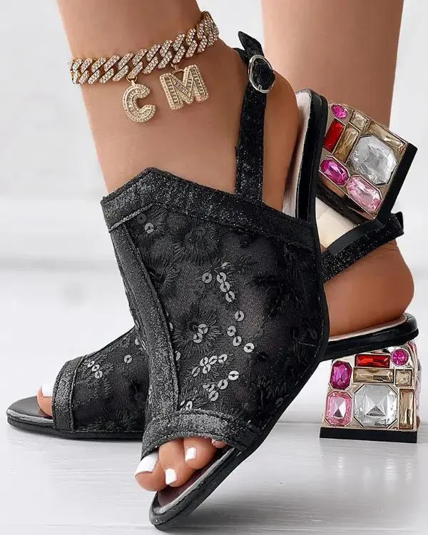 Sequin Gemstone Decor Slingback Chunky Heel Sandals