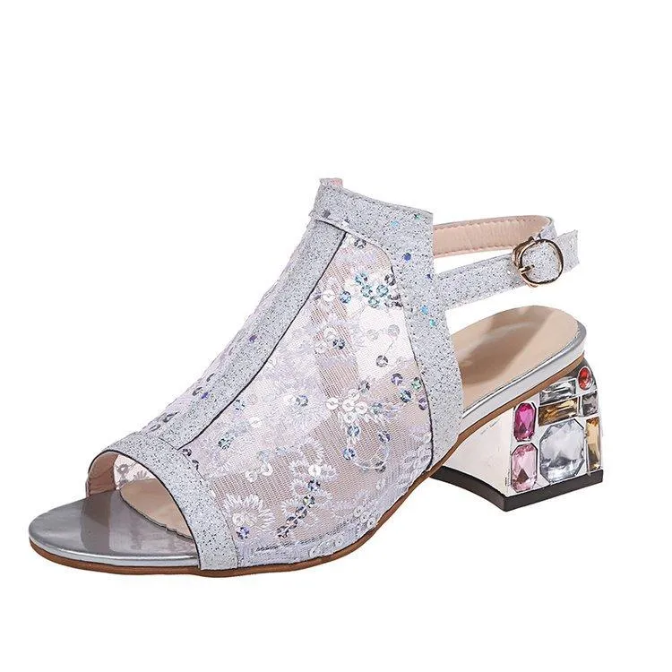 Sequin Gemstone Decor Slingback Chunky Heel Sandals