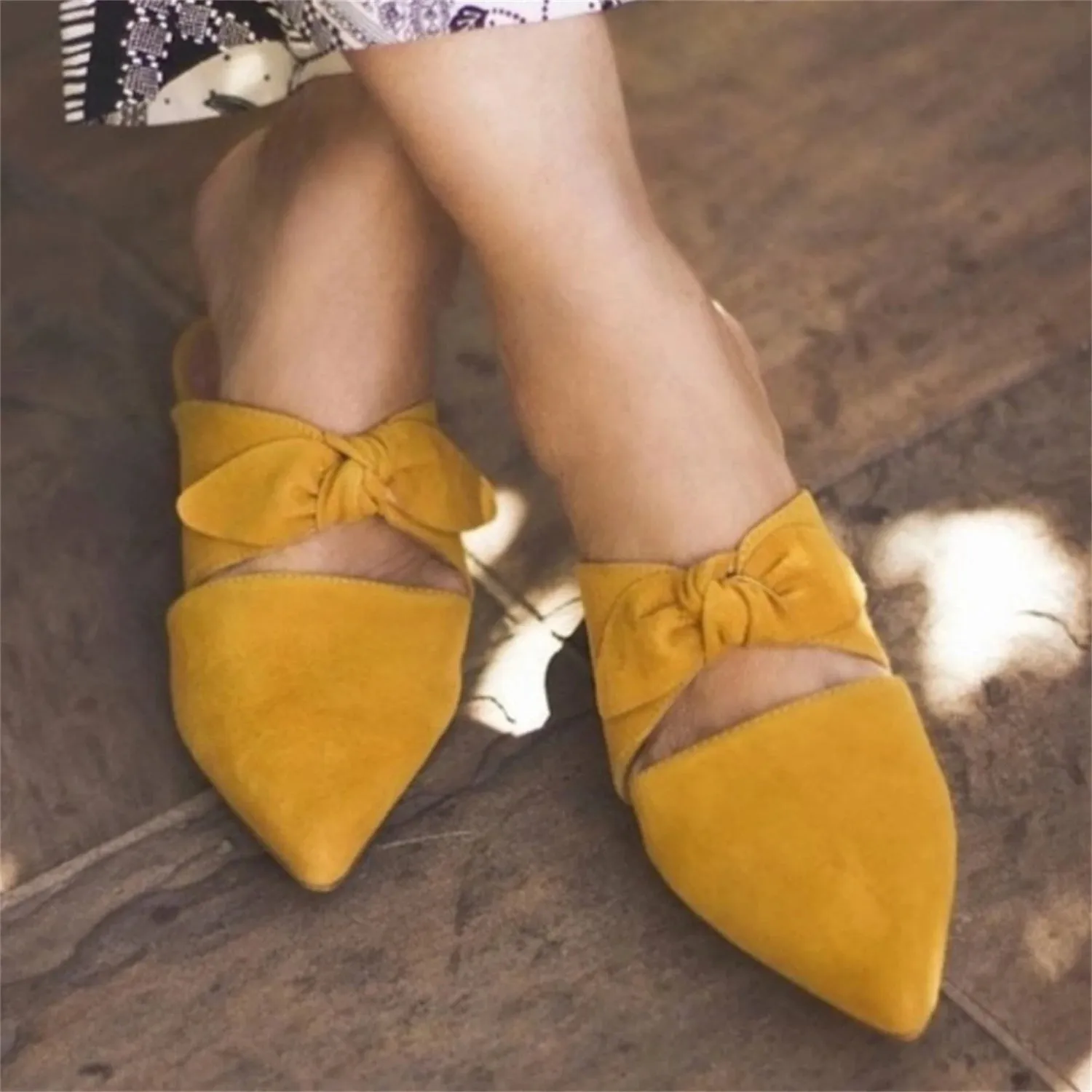 TAVIMART  -  Pointed Toe Slip On Block Heel Bow Knot Mule Flats Faux Suede Slipper Slingback Elegant Sandals Woman Shoes