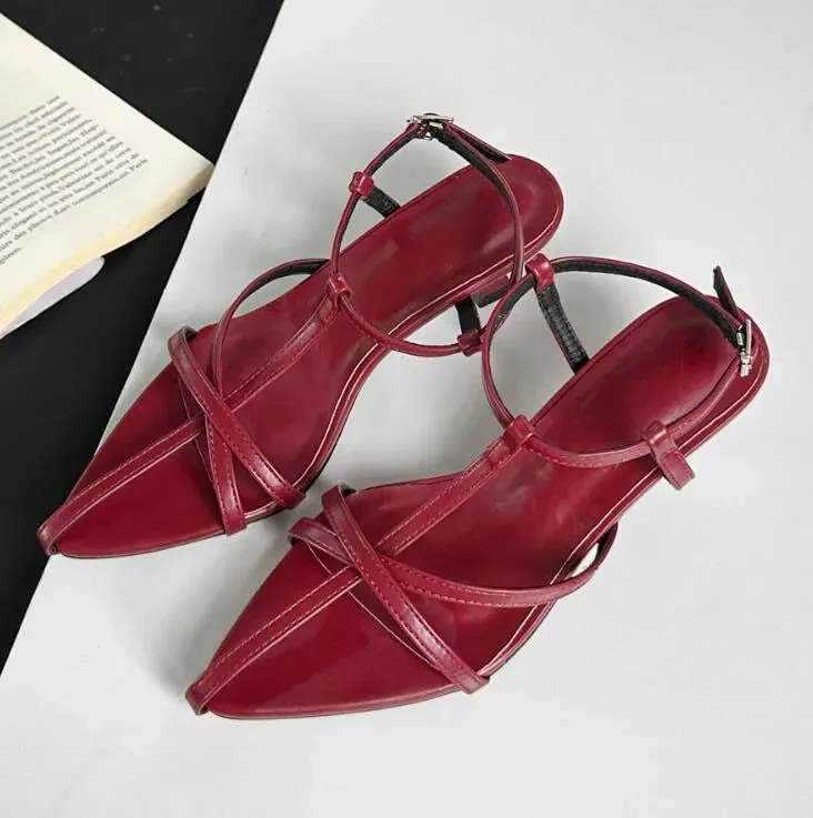 TAVIMART  -  Silver burgundy Straps Hollow pointed Toe Kitten heels Sandals cross strap Women Banquet Shoes Zapatos Mujere