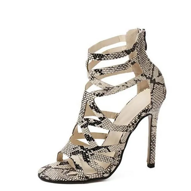 Women Summer Boots Serpentine Printed PU Leather Shoes Woman Thin High Heels Gladiator Style Sandals